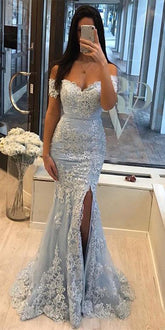 Blue Off-Shoulder Split Mermaid Prom Dress with Lace Applique